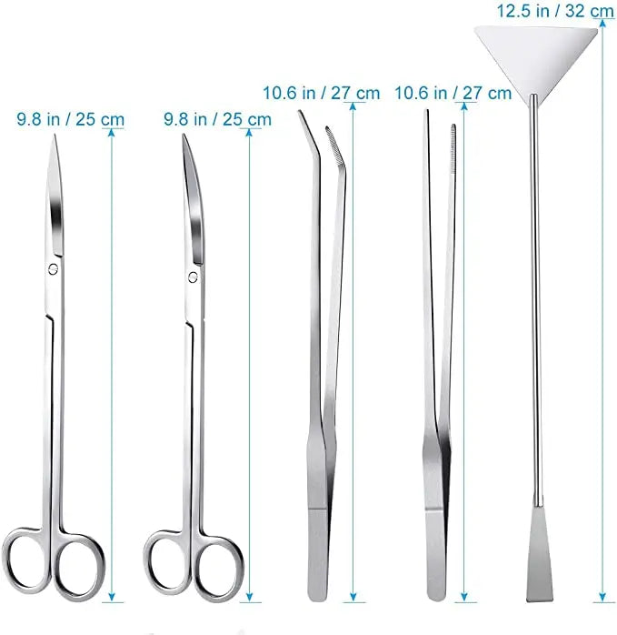 Stainless steel aquarium cleaning tools set with various sizes and angles for cleaning fish tanks