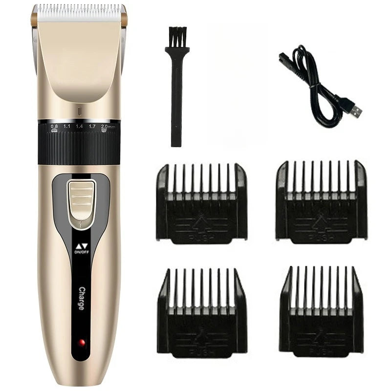 A cordless rechargeable pet grooming clipper in gold and black with various attachments shown.