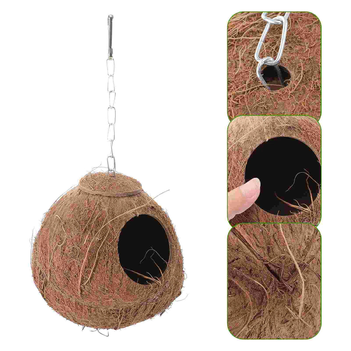 A natural coconut shell bird nest toy hanging by a wire, shown next to an open view of the nest.