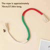 A long, curved rope made of organic cotton with a red and green striped pattern and a fluffy tassel.