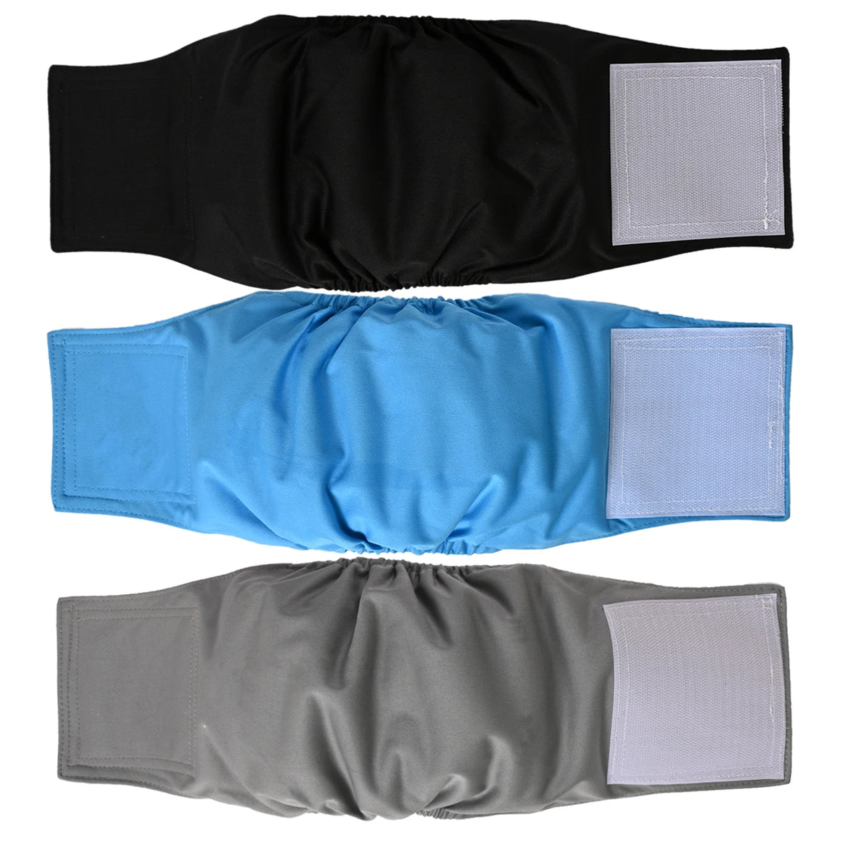 Three washable reusable incontinence diapers for male dogs shown in black, blue, and gray.