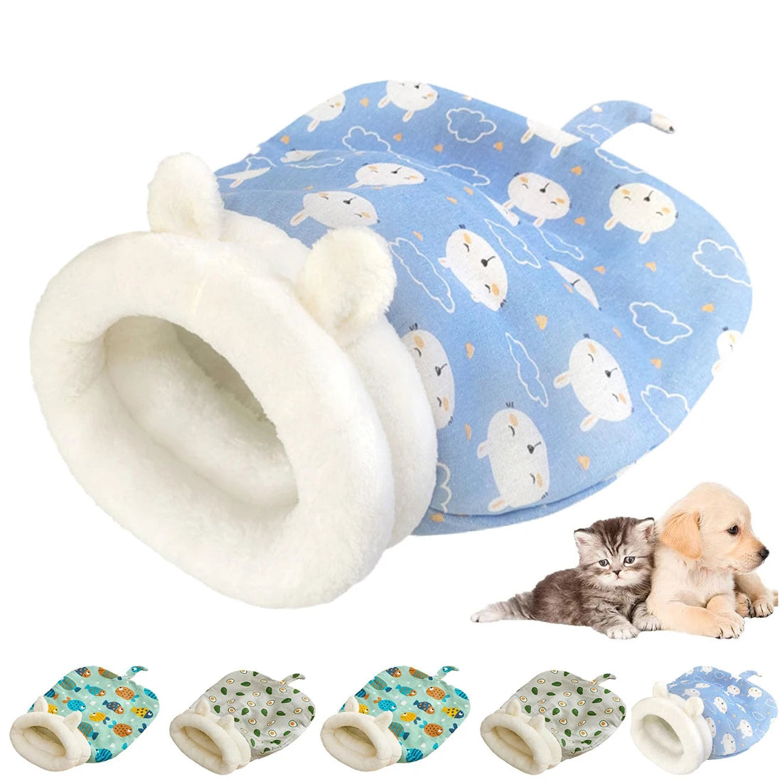 A blue plush sleeping bag featuring cat and dog designs with a white tunnel hideaway.