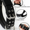 Close-up view of a black tactical dog collar showing features like a comfortable handle, four layers of material, and a 2-inc