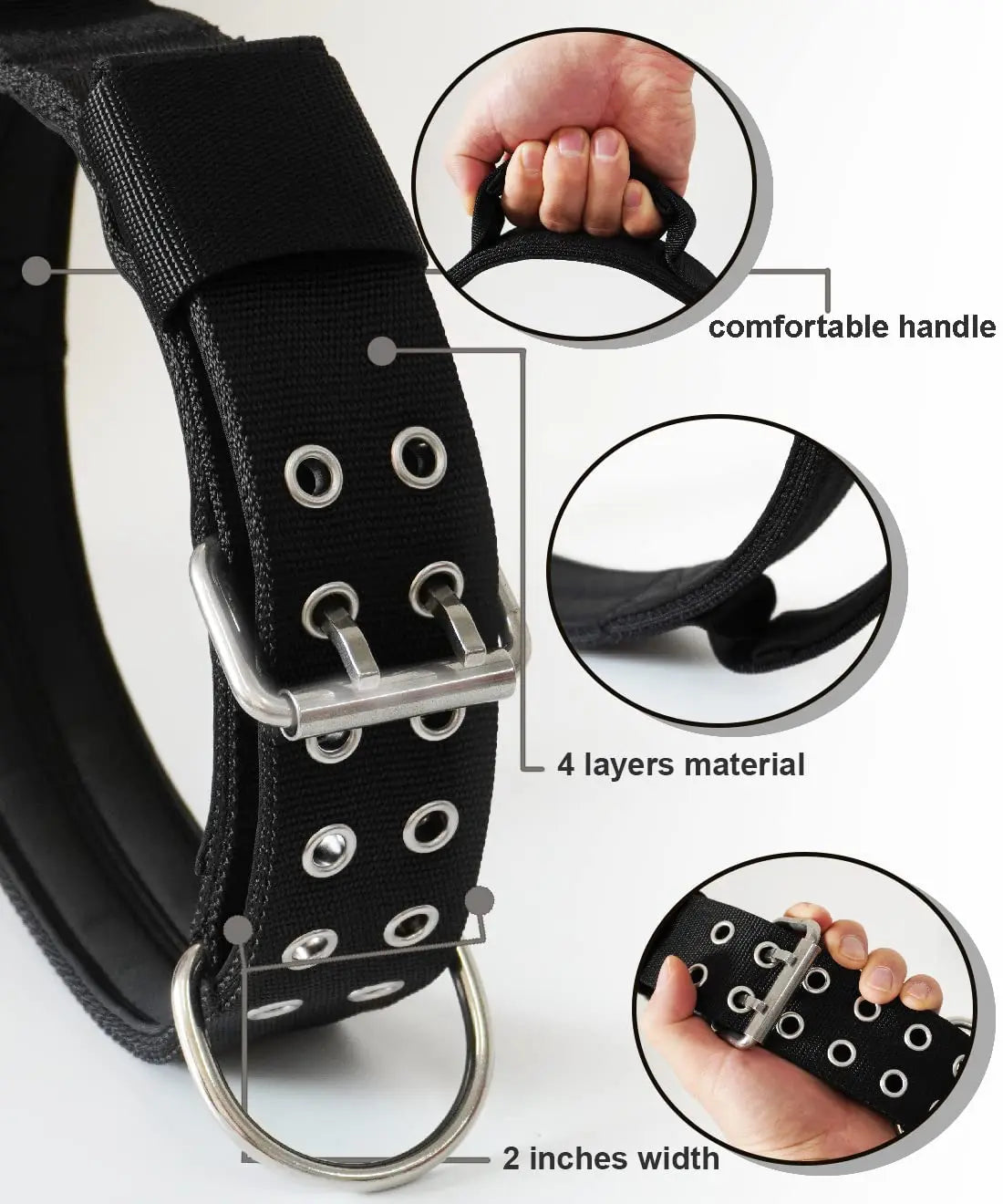 Close-up view of a black tactical dog collar showing features like a comfortable handle, four layers of material, and a 2-inc