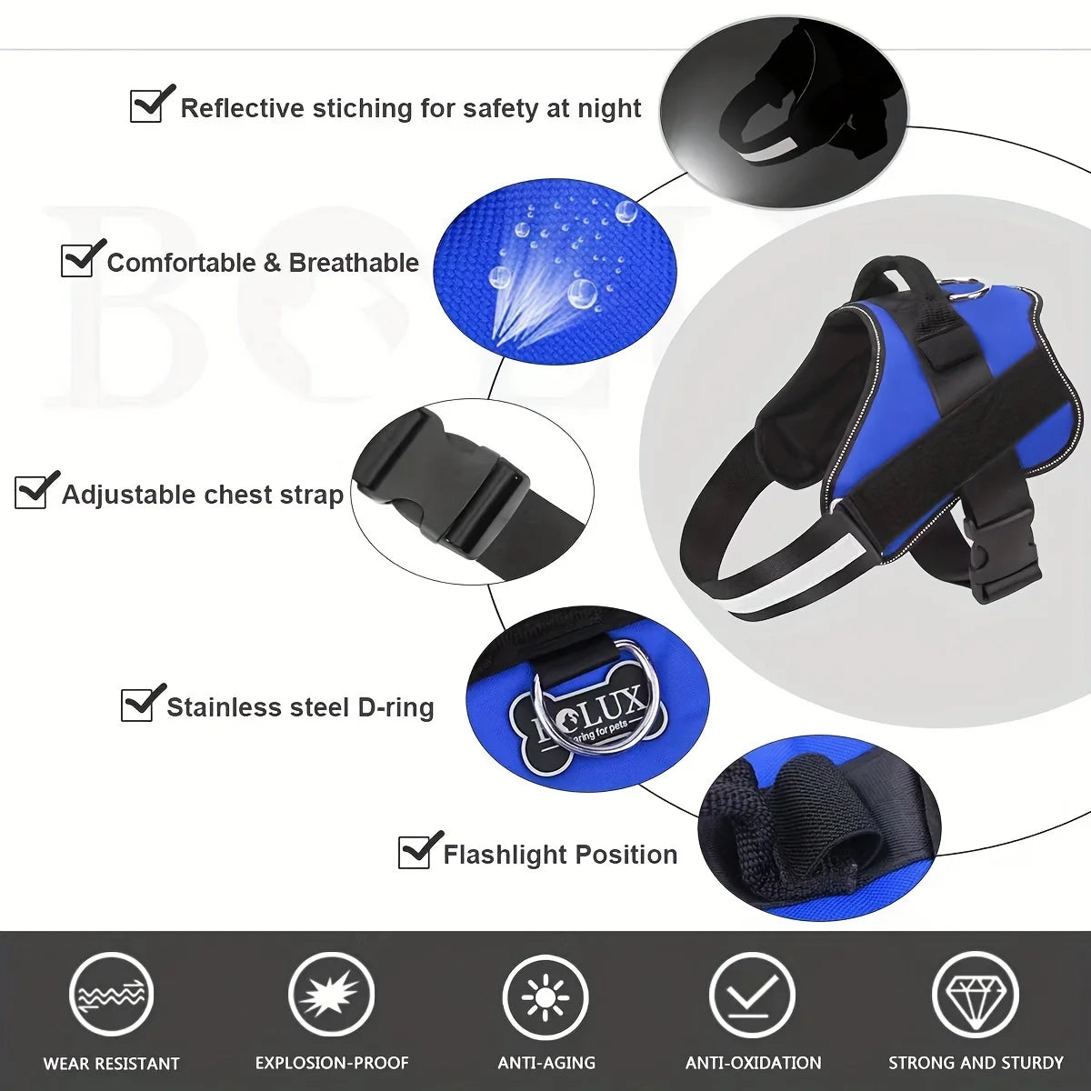 Adjustable reflective dog vest harness featuring a comfortable chest strap, stainless steel D-ring, and flashlight position.