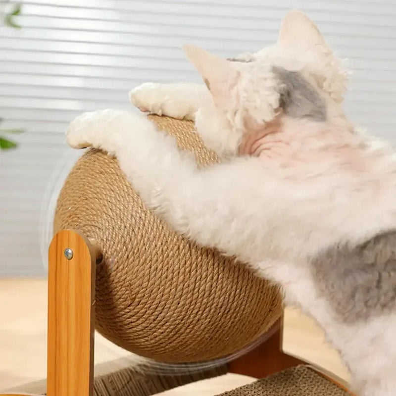 Balle à griffer 2-en-1 pour chat avec support en bois