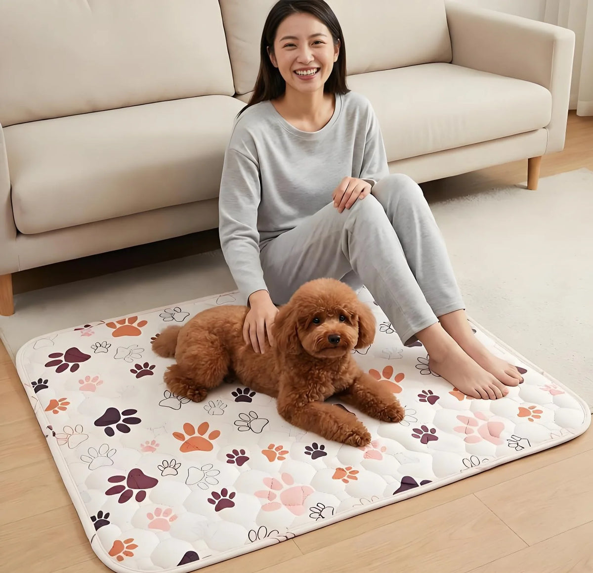 A woman is sitting on a light-colored rug with a fluffy brown dog lying next to her.