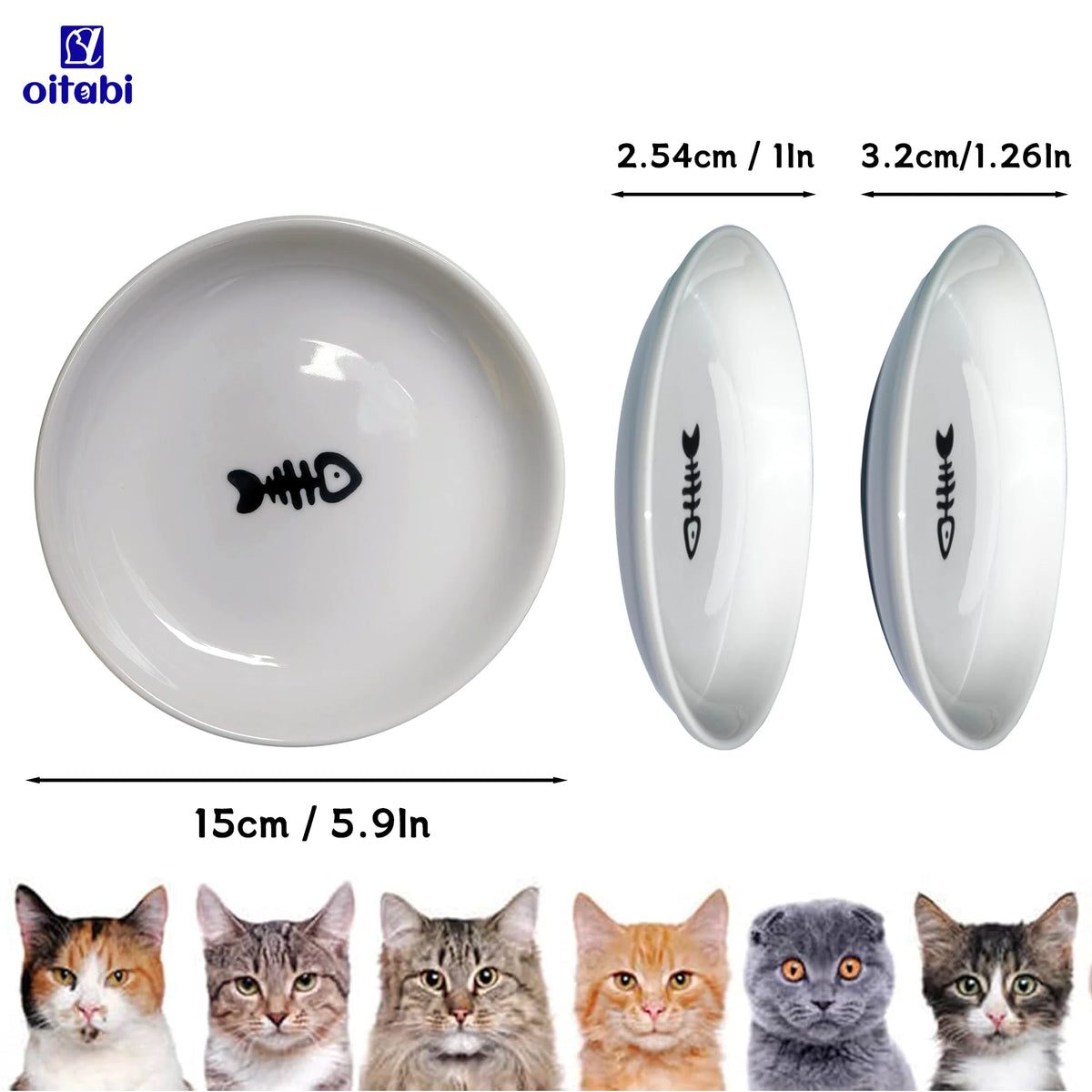 A set of ceramic cat bowls in various sizes and shapes shown next to cats.