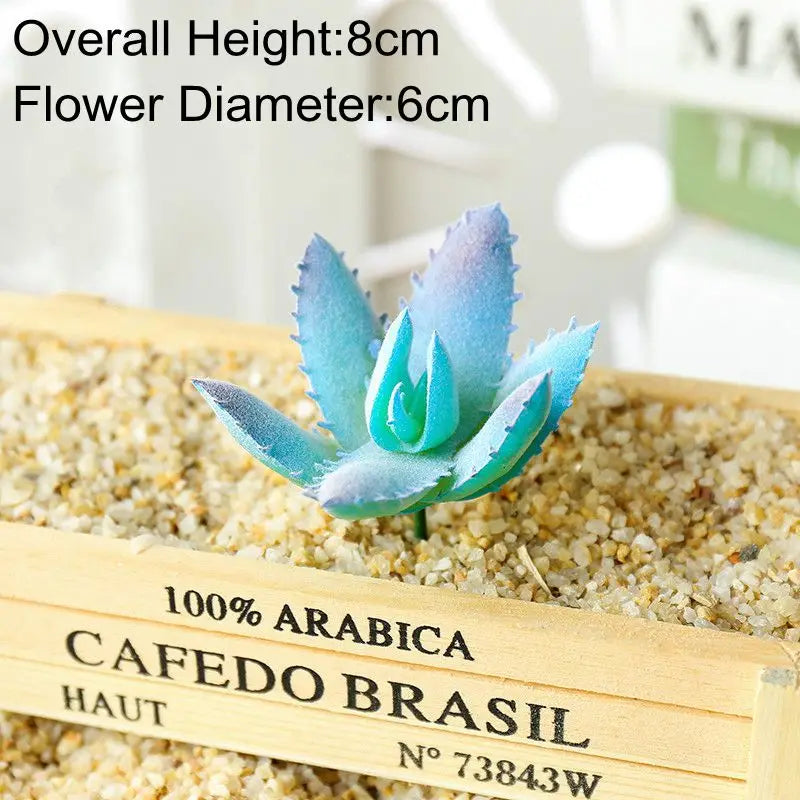 Blue artificial succulent plant with a flower diameter of 6cm displayed on a wooden background.