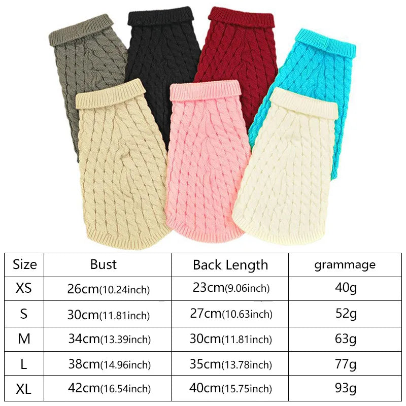 A collection of knitted dog sweaters in various colors and sizes, including gray, black, red, and blue.