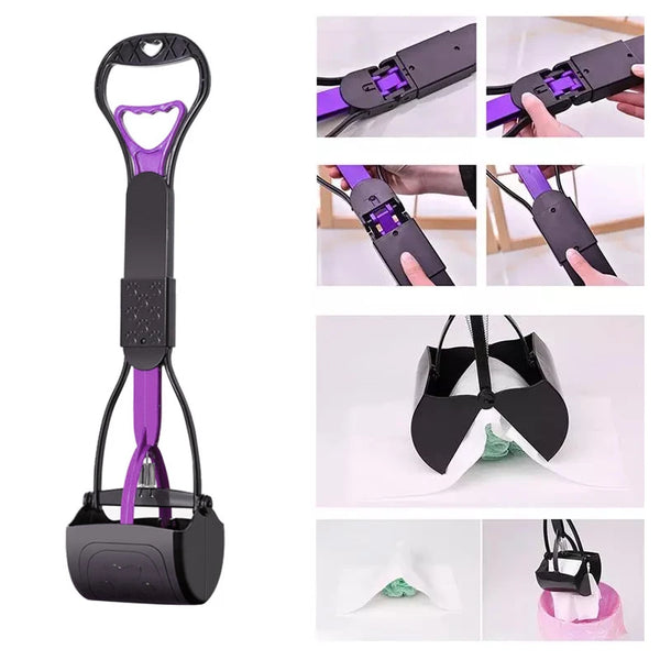 A long-handle pet waste scooper shown in various angles and color options, including black and purple.