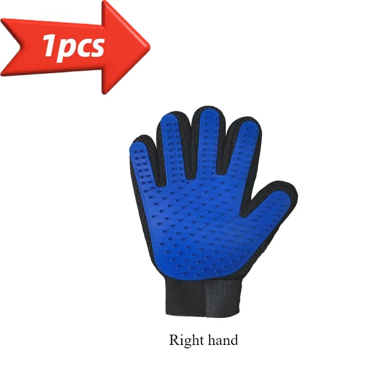 A blue and black pet grooming glove for a dog or cat's paw, shown as a right hand.