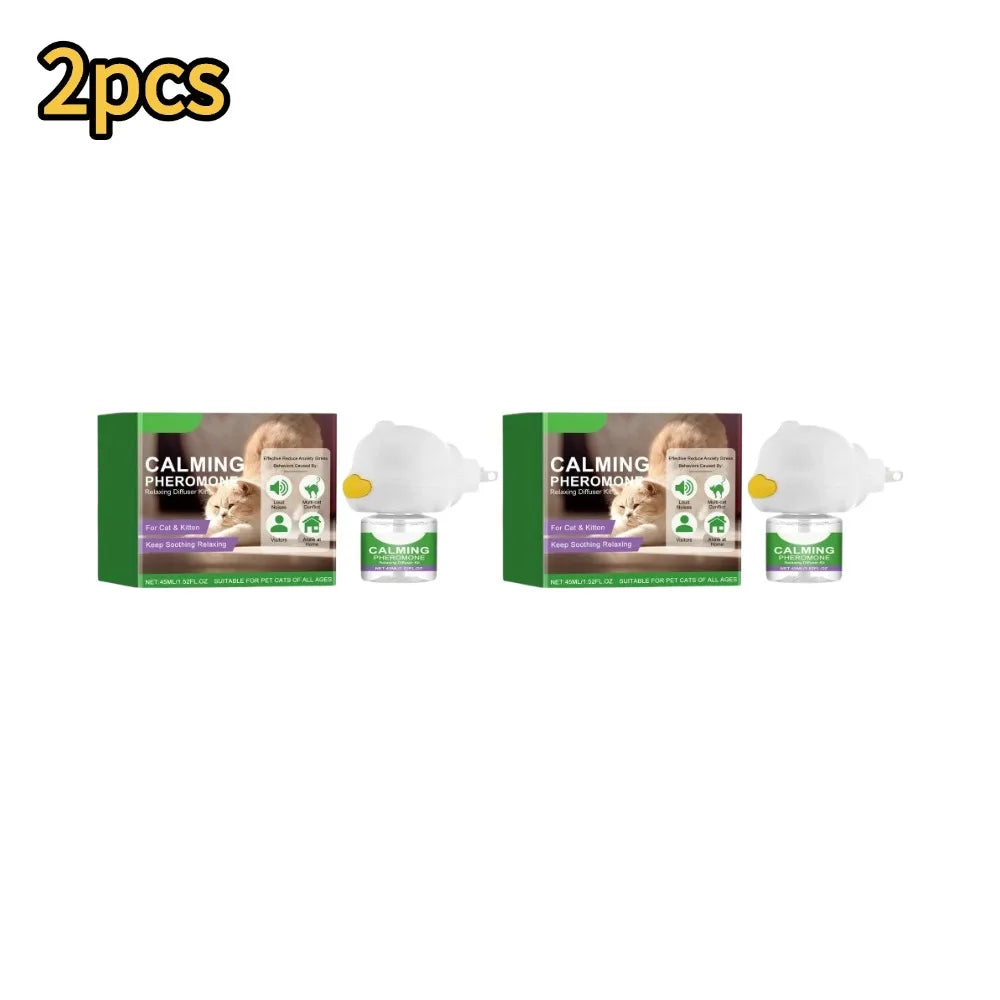Dos unidades de difusores de feromonas calmantes para gatos mostrados en su empaque.