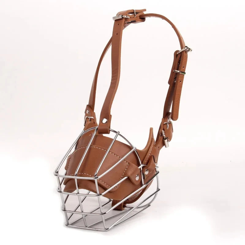 A brown leather dog muzzle with a metal frame and adjustable strap.