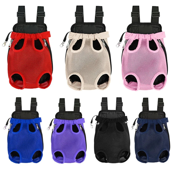 A collection of breathable pet travel backpacks in various colors including red, beige, pink, blue, and purple.