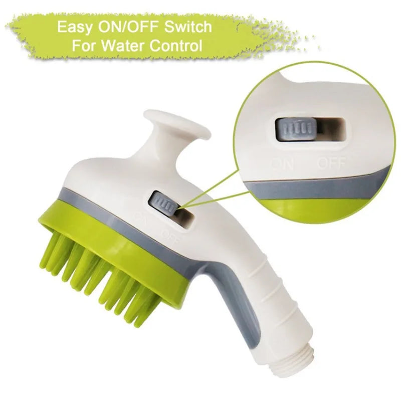 A white and lime green pressurized pet bath nozzle for dogs and cats with an easy on/off switch.