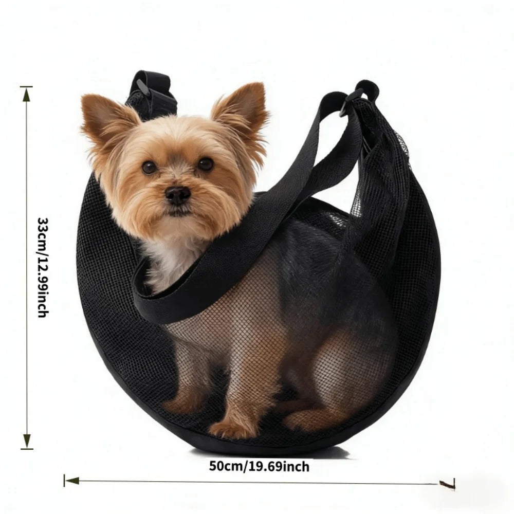 A small, light brown dog is sitting inside a black mesh pet carrier sling.