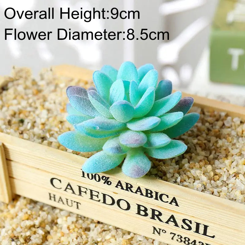 Blue artificial succulent plant with a flower diameter of 8.5cm displayed on a wooden tray.