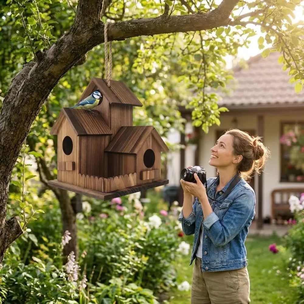 A woman is looking up at a rustic wooden bird house hanging from a tree branch in a lush garden setting.
