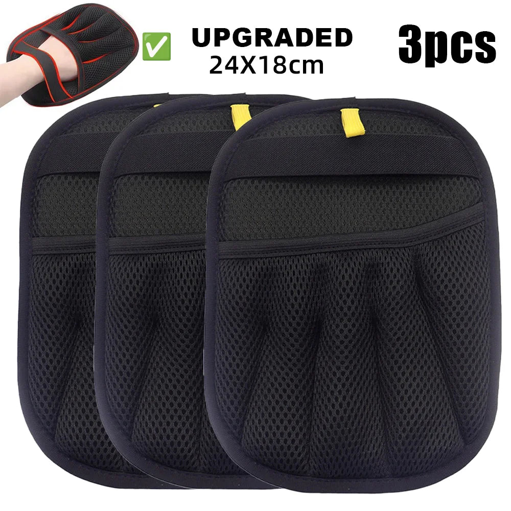 Three black reusable pet grooming gloves are shown flat, measuring 24x18 inches.