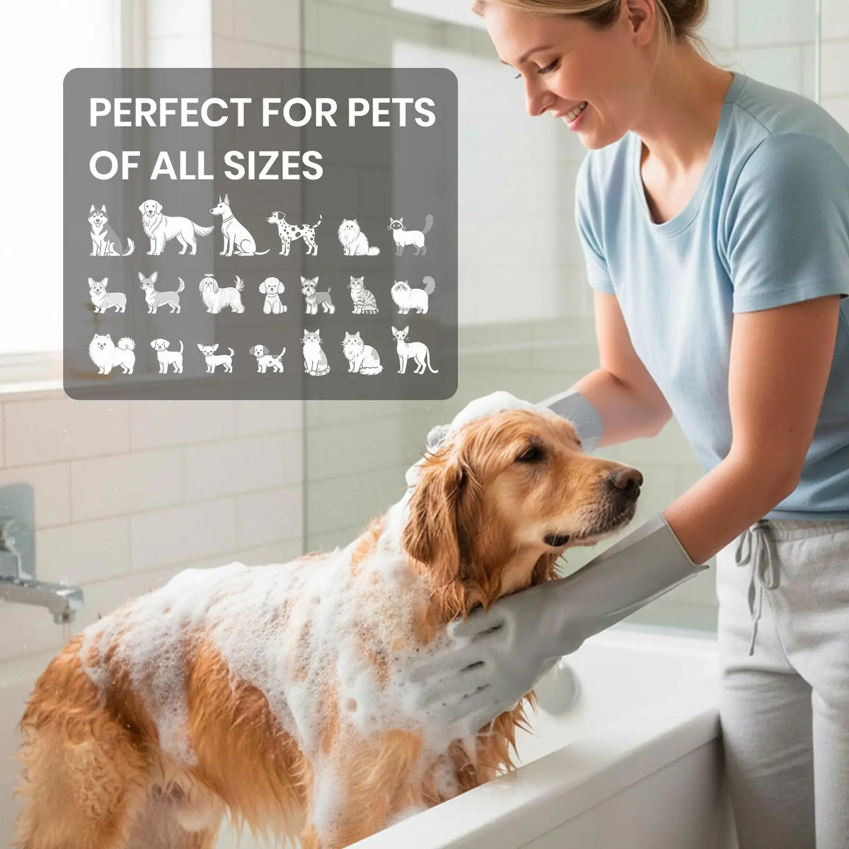 A woman is using silicone pet bathing gloves with grooming teeth to wash a golden retriever dog.