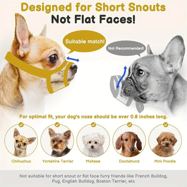 A breathable mesh dog muzzle designed for short snouts and flat faces, shown alongside various dog breeds.