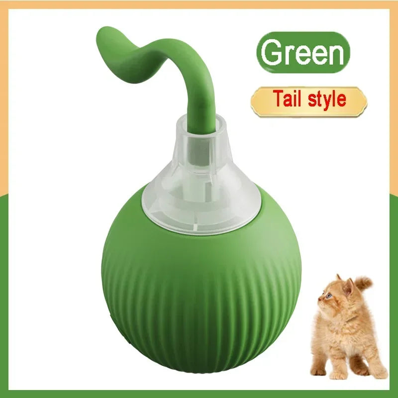 A green, golf-ball shaped pet toy with a curved green tail style.