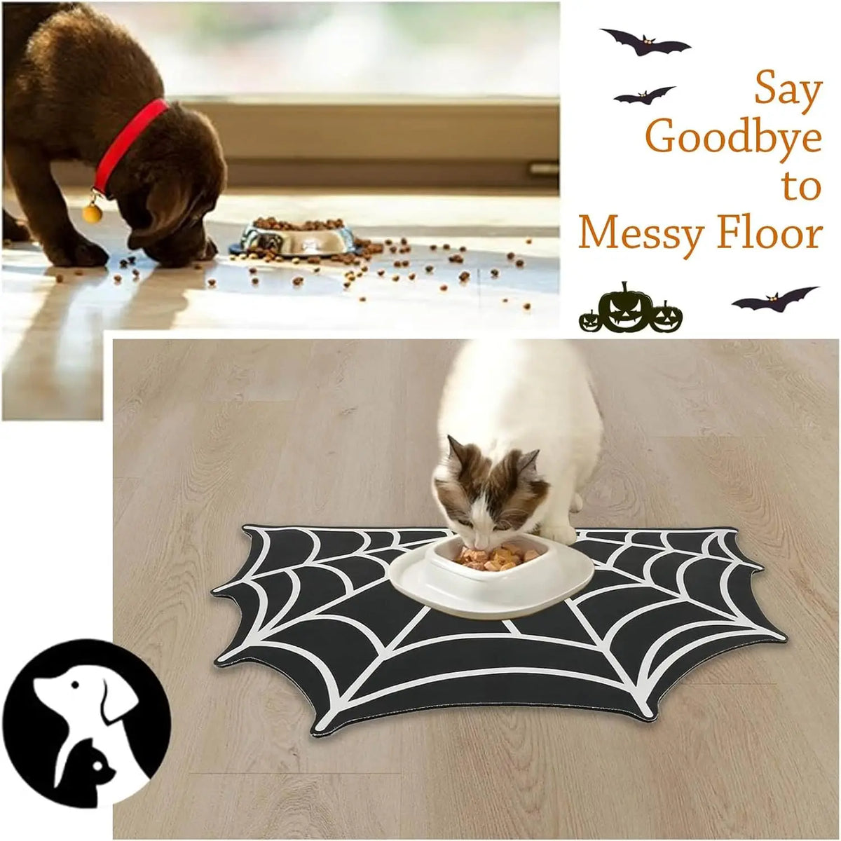Halloween pet feeding mat with a black spider web design placed on a light wooden floor.