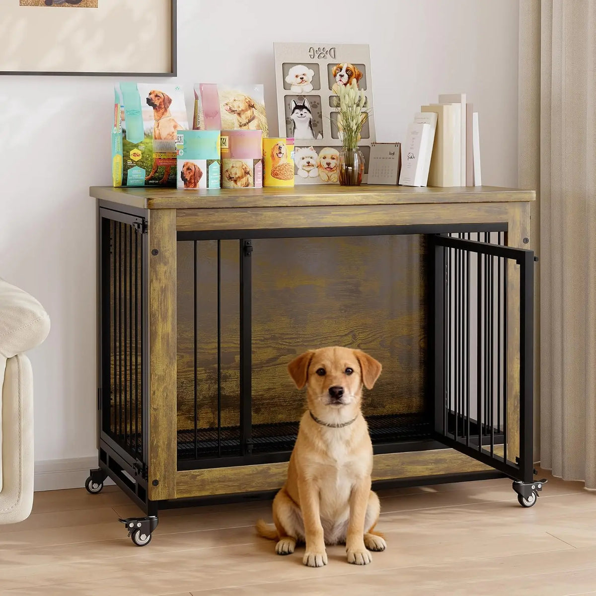 Wooden Dog Crate Furniture with 3 Doors and Locking Wheels