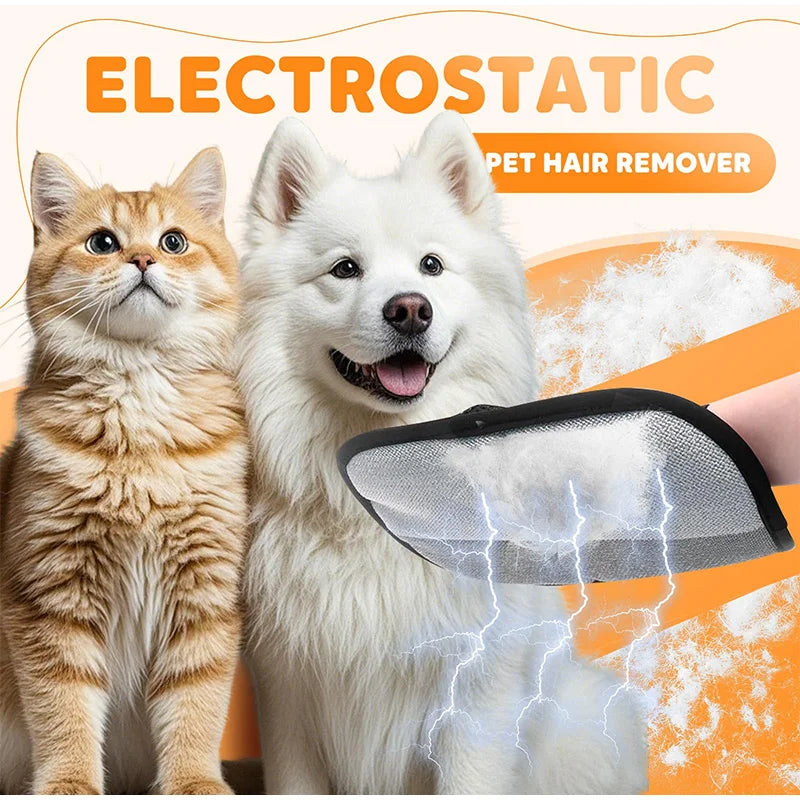 A white dog is using an electrostatic pet hair remover glove on its fur.