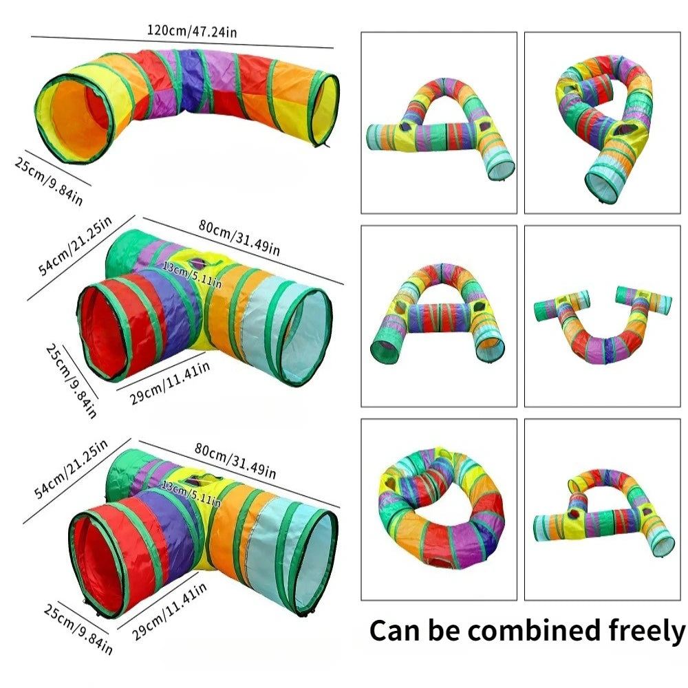 A set of colorful, foldable rainbow cat tunnels and tubes shown in various lengths and configurations.