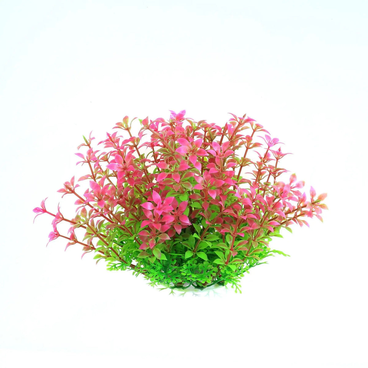A cluster of artificial aquarium plants featuring vibrant pink and green foliage.