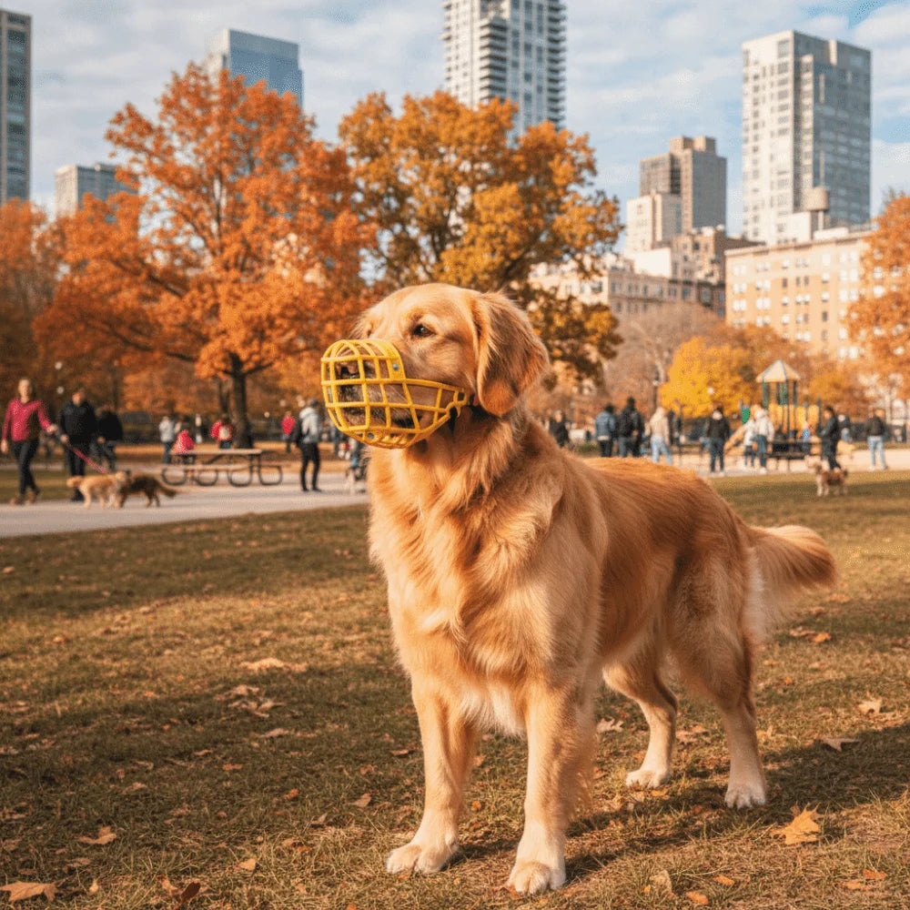 A golden retriever wearing a yellow adjustable bite-resistant dog muzzle in a park setting.