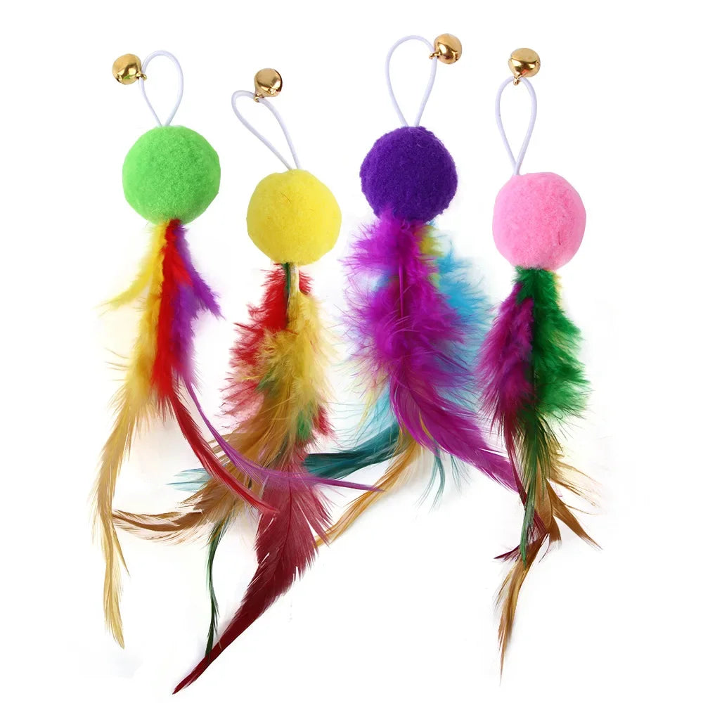 A set of twelve colorful feather cat wand toys with pom-pom heads and attached strings.