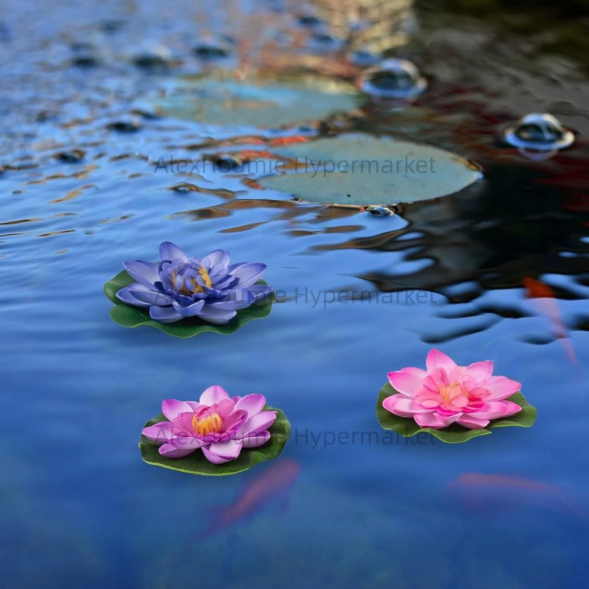 A set of seven floating foam lotus flowers with green lily pads on calm water.