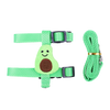 A green cartoon avocado shaped harness and matching leash for a small pet.