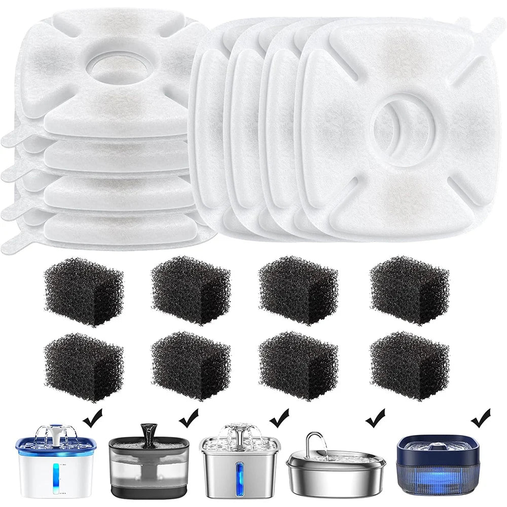 A set of replacement filters for a cat water fountain, including various sizes and types.