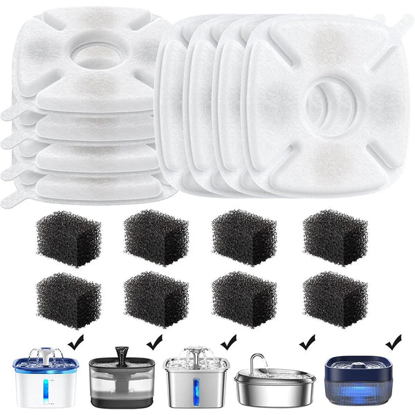 A set of replacement filters for a cat water fountain, including various sizes and types.