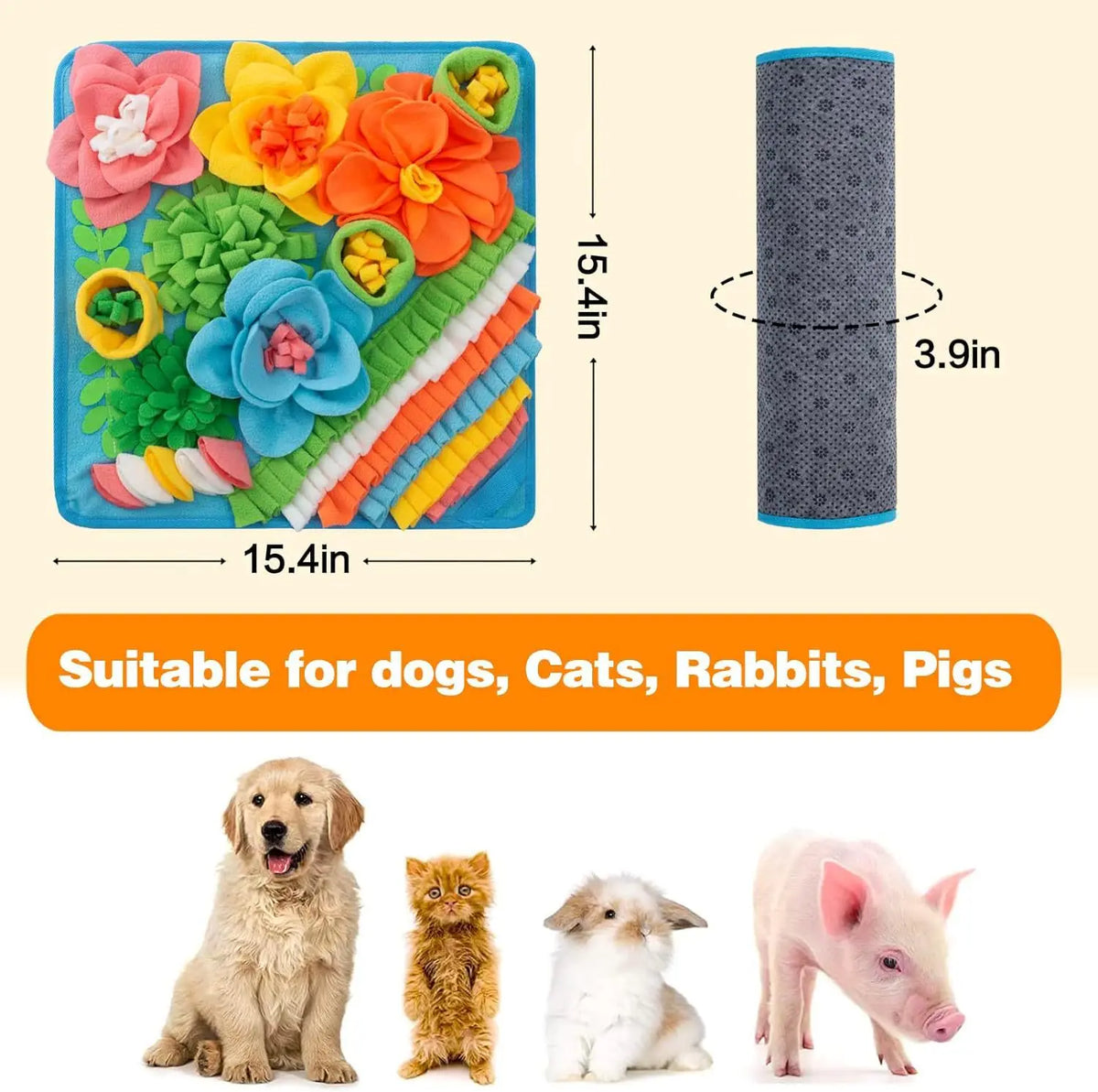 A colorful pet sniffing training blanket with various fabric textures and shapes suitable for dogs, cats, rabbits, and pigs.