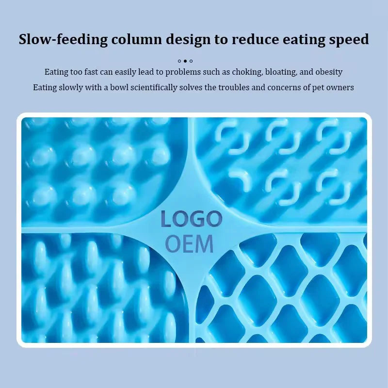 Blue silicone dog licking mat with suction cups designed to reduce eating speed