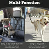 A dog wearing a multi-function pet car seat belt and leash is shown next to a person walking a dog on a leash.