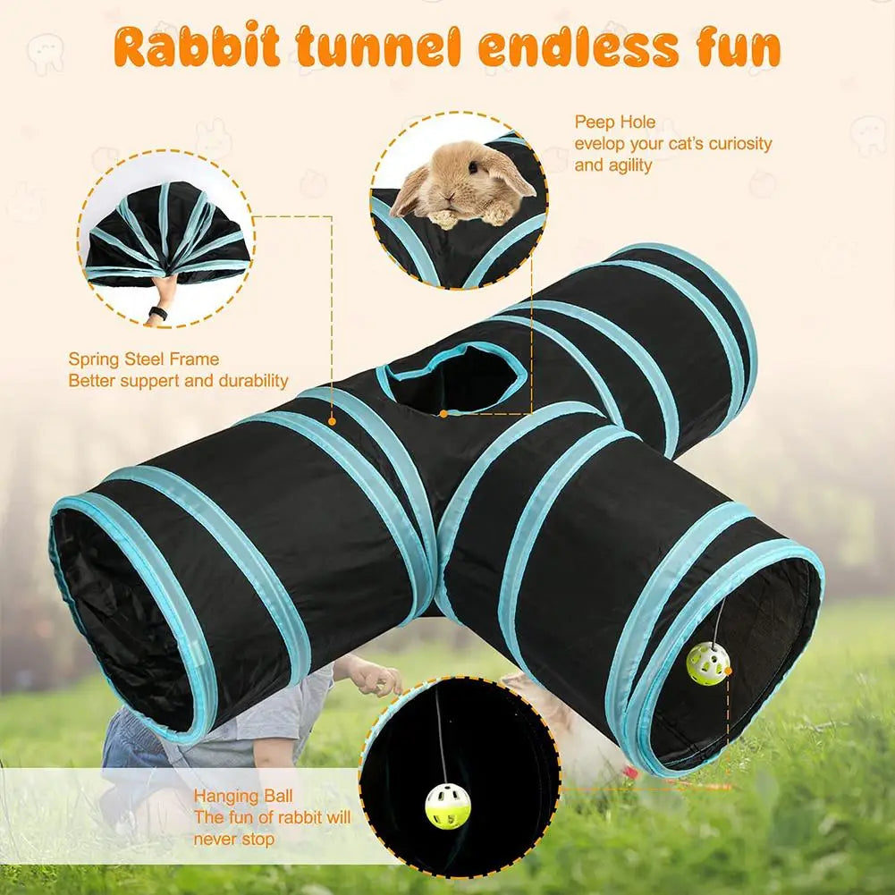 Black rabbit tunnel with a spring steel frame and hanging ball for small pets