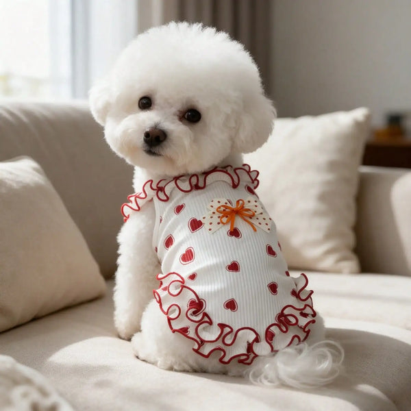 A fluffy white dog wearing a red heart bow ruffle sleeveless tank top.