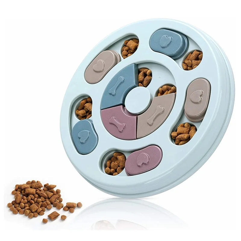 A light blue slow feeder bowl with multiple compartments for dog treats and kibble.