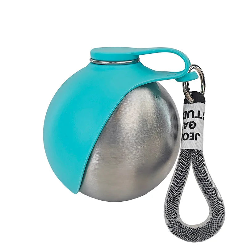 A teal and silver portable stainless steel dog water bottle with a built-in bowl and carrying loop.