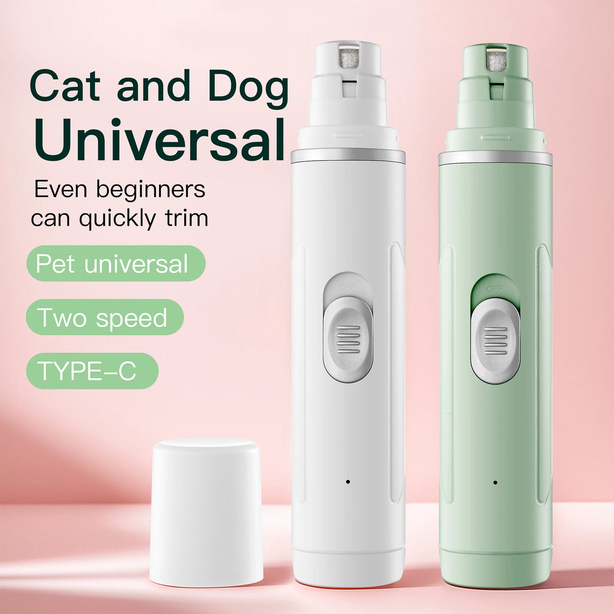 A white and light green cordless electric pet nail grinder with a Type-C charging port is shown standing upright.