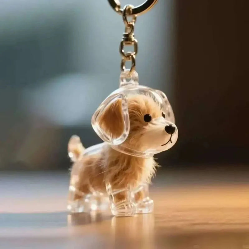 Klares Silikon-Hund-Anhänger-Keychain mit goldfarbener Kette und Öse.