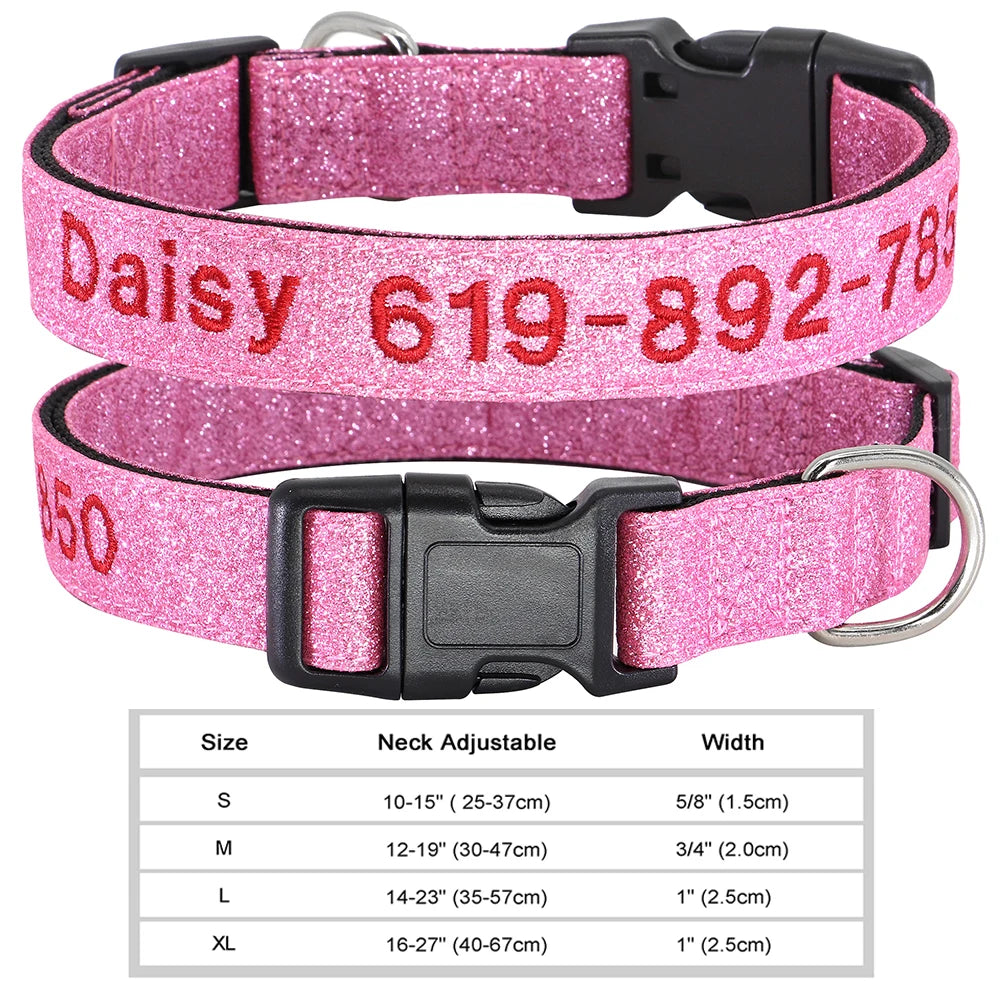 Pink glitter nylon dog collar with black buckle and silver clasp, available in sizes S to XL.