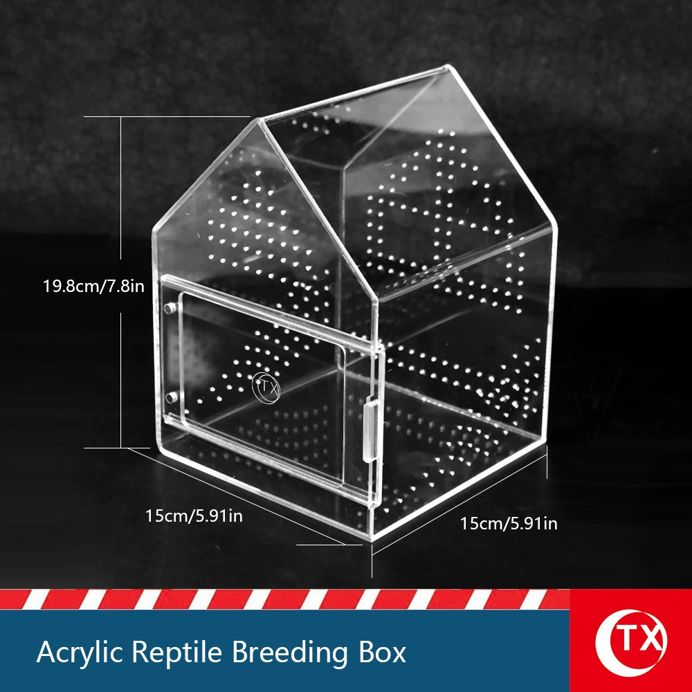 Clear acrylic reptile breeding box with perforated sides shown on a dark background.