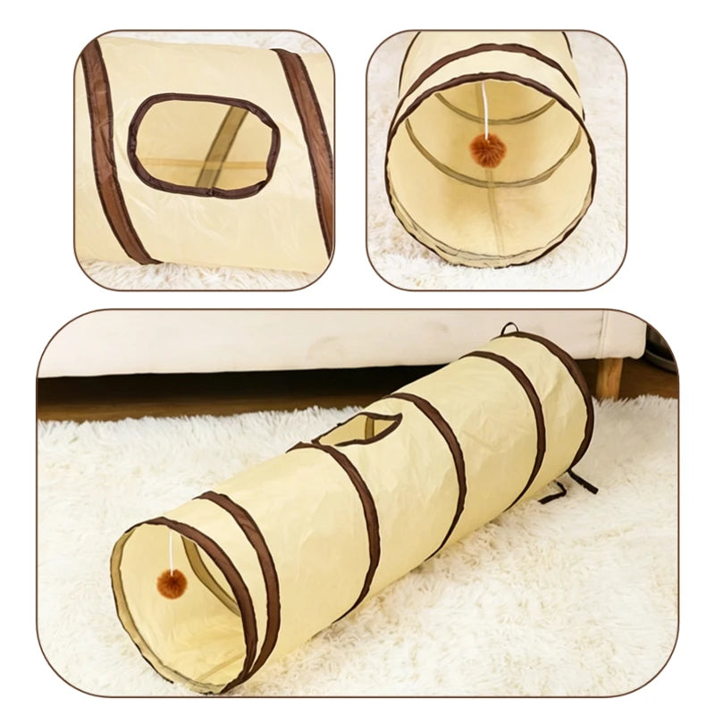 A beige foldable pet play tunnel for cats and small animals shown in various views.